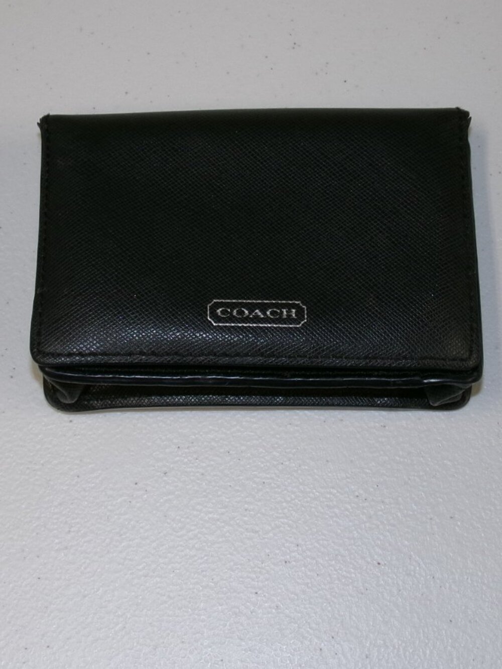 Coach Saffiano Leather Black Bifold Card Case Mini Wallet ID Slot Snap Close